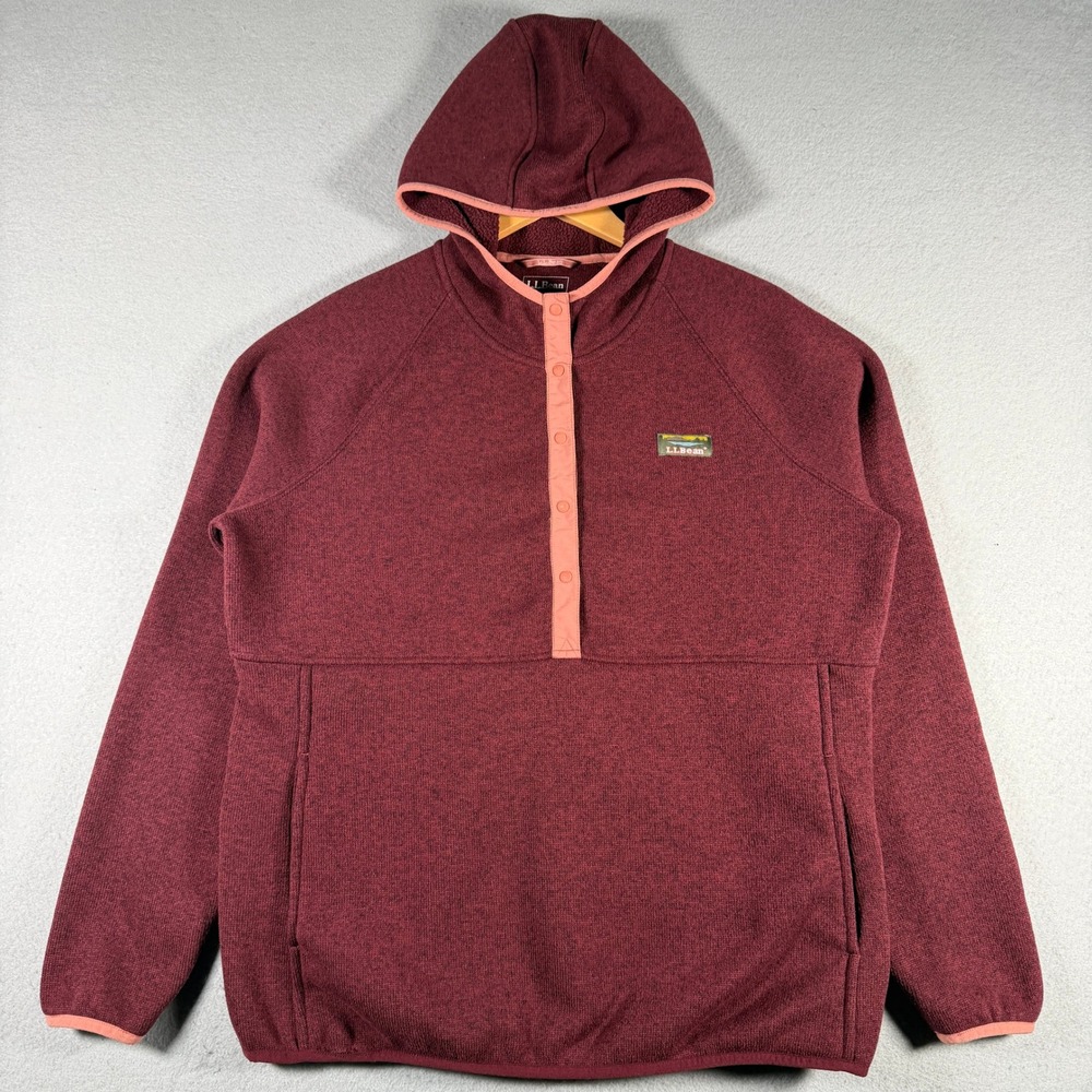 LL Bean Womens L Sweater Fleece Hoodie Snap Neck Pullover Burgundy 506097